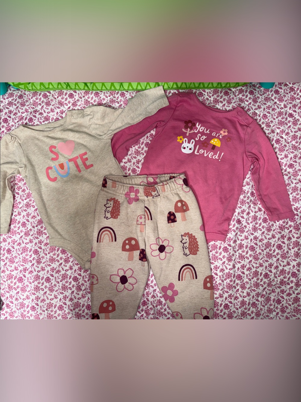 Garanimals Pink and Light Tan Baby Girls 3-Piece Top & Pants Set 6-9M